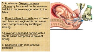 3. Administer Oxygen by mask
10L/min by face mask to the woman-
helpful to improve oxygenation to the
fetus.
4. Do not attempt to push any exposed
cord back into vagina-this can cause
more compression by knotting or
kinking
5.Cover any exposed portion with a
sterile saline compress to prevent
drying.
6. Cesarean Birth-if no cervical
dilatation
 