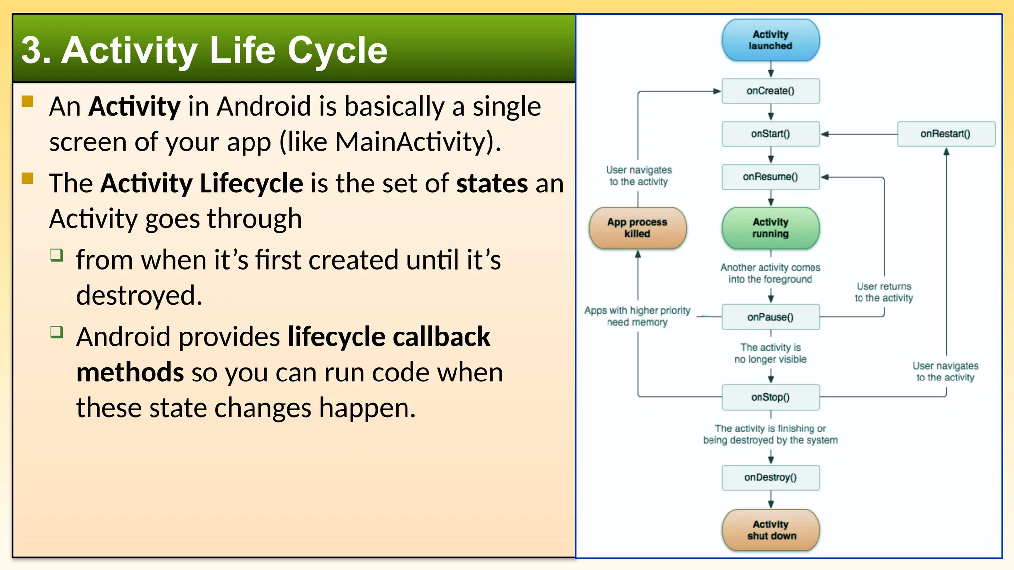  An Activity in Android is basically a single
screen of your app (like MainActivity).
 The Activity Lifecycle is the set of states an
Activity goes through
 from when it’s first created until it’s
destroyed.
 Android provides lifecycle callback
methods so you can run code when
these state changes happen.
3. Activity Life Cycle
 