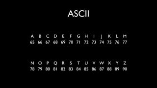 ASCII
A B C D E F G H I J K L M
65 66 67 68 69 70 71 72 73 74 75 76 77
N O P Q R S T U V W X Y Z
78 79 80 81 82 83 84 85 86 87 88 89 90
 