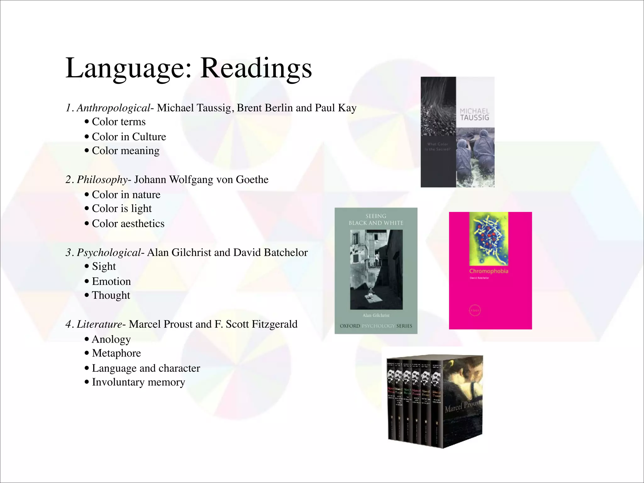 Language: Readings
1. Anthropological- Michael Taussig, Brent Berlin and Paul Kay
    • Color terms
    • Color in Culture
    • Color meaning
2. Philosophy- Johann Wolfgang von Goethe
    • Color in nature
    • Color is light
    • Color aesthetics
3. Psychological- Alan Gilchrist and David Batchelor
    • Sight
    • Emotion
    • Thought
4. Literature- Marcel Proust and F. Scott Fitzgerald
    • Anology
    • Metaphore
    • Language and character
    • Involuntary memory
 