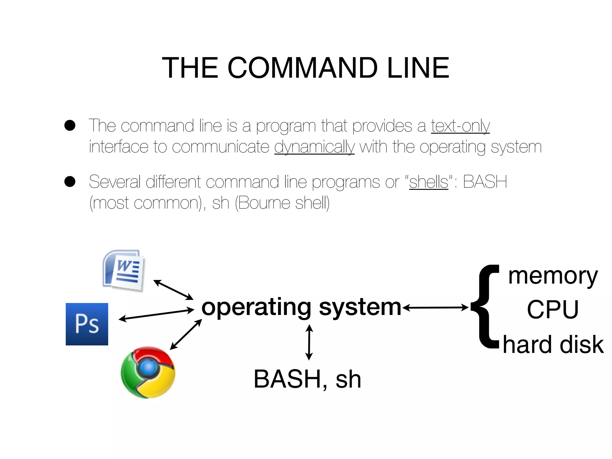 THE COMMAND LINE

•   The command line is a program that provides a text-only
    interface to communicate dynamically with the operating system

•   Several different command line programs or “shells”: BASH
    (most common), sh (Bourne shell)




                                                        {
                                                            memory
                   operating system                           CPU
                                                            hard disk
                          BASH, sh
 