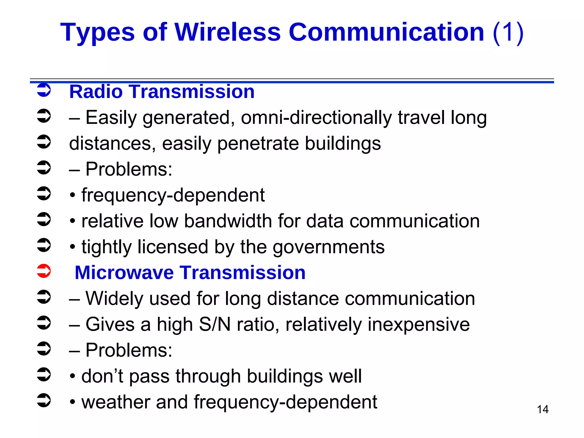 Types of Wireless Communication (1)

   Radio Transmission
   – Easily generated, omni-directionally travel long
   distances, easily penetrate buildings
   – Problems:
   • frequency-dependent
   • relative low bandwidth for data communication
   • tightly licensed by the governments
    Microwave Transmission
   – Widely used for long distance communication
   – Gives a high S/N ratio, relatively inexpensive
   – Problems:
   • don’t pass through buildings well
   • weather and frequency-dependent                    14
 