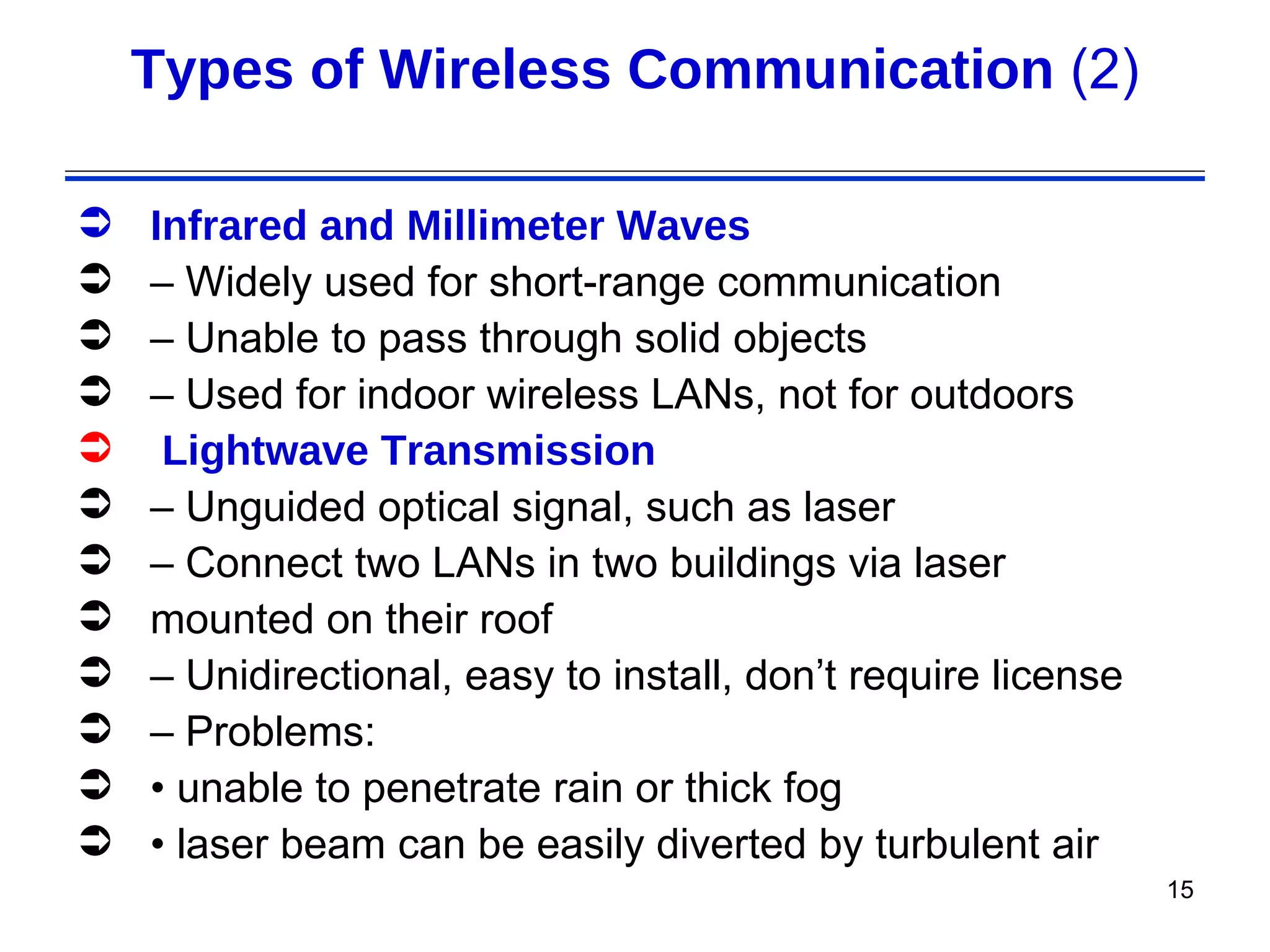 Types of Wireless Communication (2)

   Infrared and Millimeter Waves
   – Widely used for short-range communication
   – Unable to pass through solid objects
   – Used for indoor wireless LANs, not for outdoors
    Lightwave Transmission
   – Unguided optical signal, such as laser
   – Connect two LANs in two buildings via laser
   mounted on their roof
   – Unidirectional, easy to install, don’t require license
   – Problems:
   • unable to penetrate rain or thick fog
   • laser beam can be easily diverted by turbulent air
                                                               15
 