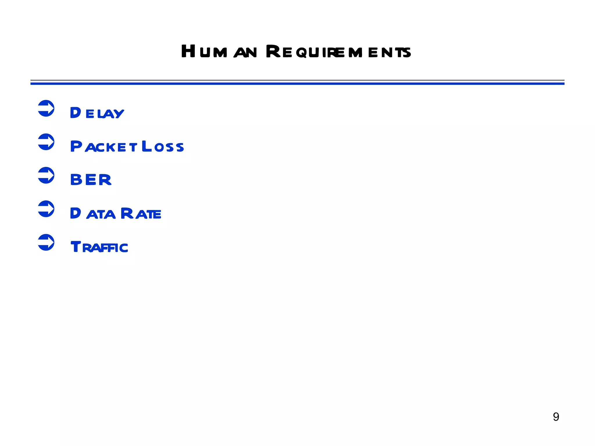H um an Requirem ents

   D elay
   Packet Loss
   BER
   D ata Rate
   Traffic




                                      9
 