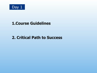 Day 1



1.Course Guidelines


2. Critical Path to Success
 