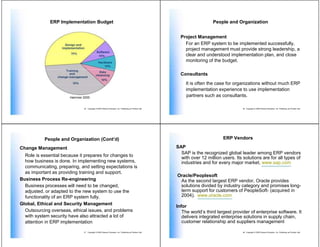 ERP Implementation Budget                                                                                   People and Organization


                                                                                                          Project Management
                                                                                                            For an ERP system to be implemented successfully,
                                                                                                            project management must provide strong leadership, a
                                                                                                            clear and understood implementation plan, and close
                                                                                                            monitoring of the budget.

                                                                                                          Consultants
                                                                                                            It is often the case for organizations without much ERP
                                                                                                            implementation experience to use implementation
                       Hammer 2000
                                                                                                            partners such as consultants.

                              45 Copyright © 2009 Pearson Education, Inc. Publishing as Prentice Hall                                     46 Copyright © 2009 Pearson Education, Inc. Publishing as Prentice Hall




           People and Organization (Cont’d)                                                                                     ERP Vendors

Change Management                                                                                       SAP
                                                                                                          SAP is the recognized global leader among ERP vendors
  Role is essential because it prepares for changes to                                                    with over 12 million users. Its solutions are for all types of
  how business is done. In implementing new systems,                                                      industries and for every major market. www.sap.com
  communicating, preparing, and setting expectations is
  as important as providing training and support.
                                                                                                        Oracle/Peoplesoft
Business Process Re-engineering                                                                          As the second largest ERP vendor, Oracle provides
  Business processes will need to be changed,                                                            solutions divided by industry category and promises long-
  adjusted, or adapted to the new system to use the                                                      term support for customers of PeopleSoft- (acquired in
  functionality of an ERP system fully.                                                                  2004). www.oracle.com
Global, Ethical and Security Management
                                                                                                        Infor
  Outsourcing overseas, ethical issues, and problems                                                       The world’s third largest provider of enterprise software. It
  with system security have also attracted a lot of                                                        delivers integrated enterprise solutions in supply chain,
  attention in ERP implementation                                                                          customer relationship and suppliers management

                              47 Copyright © 2009 Pearson Education, Inc. Publishing as Prentice Hall                                     48 Copyright © 2009 Pearson Education, Inc. Publishing as Prentice Hall
 