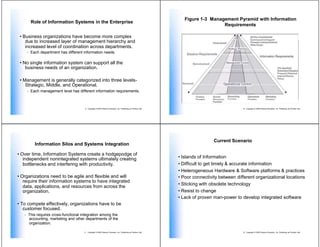 Figure 1-3 Management Pyramid with Information
      Role of Information Systems in the Enterprise
                                                                                                                                  Requirements

 • Business organizations have become more complex
    due to increased layer of management hierarchy and
    increased level of coordination across departments.
    - Each department has different information needs.

 • No single information system can support all the
    business needs of an organization.

 • Management is generally categorized into three levels-
    Strategic, Middle, and Operational.
    - Each management level has different information requirements.



                                      9 Copyright © 2009 Pearson Education, Inc. Publishing as Prentice Hall                                  10 Copyright © 2009 Pearson Education, Inc. Publishing as Prentice Hall




                                                                                                                                Current Scenario
        Information Silos and Systems Integration

• Over time, Information Systems create a hodgepodge of
   independent nonintegrated systems ultimately creating                                                       • Islands of Information
   bottlenecks and interfering with productivity.                                                              • Difficult to get timely & accurate information
                                                                                                               • Heterogeneous Hardware & Software platforms & practices
• Organizations need to be agile and flexible and will                                                         • Poor connectivity between different organizational locations
   require their information systems to have integrated
                                                                                                               • Sticking with obsolete technology
   data, applications, and resources from across the
   organization.                                                                                               • Resist to change
                                                                                                               • Lack of proven man-power to develop integrated software
• To compete effectively, organizations have to be
   customer focused.
   - This requires cross-functional integration among the
     accounting, marketing and other departments of the
     organization.

                                     11 Copyright © 2009 Pearson Education, Inc. Publishing as Prentice Hall                                  12 Copyright © 2009 Pearson Education, Inc. Publishing as Prentice Hall
 