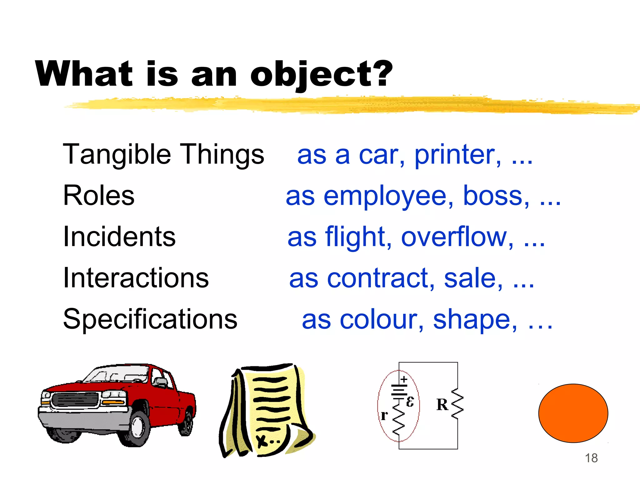 18
What is an object?
Tangible Things as a car, printer, ...
Roles as employee, boss, ...
Incidents as flight, overflow, ...
Interactions as contract, sale, ...
Specifications as colour, shape, …
 