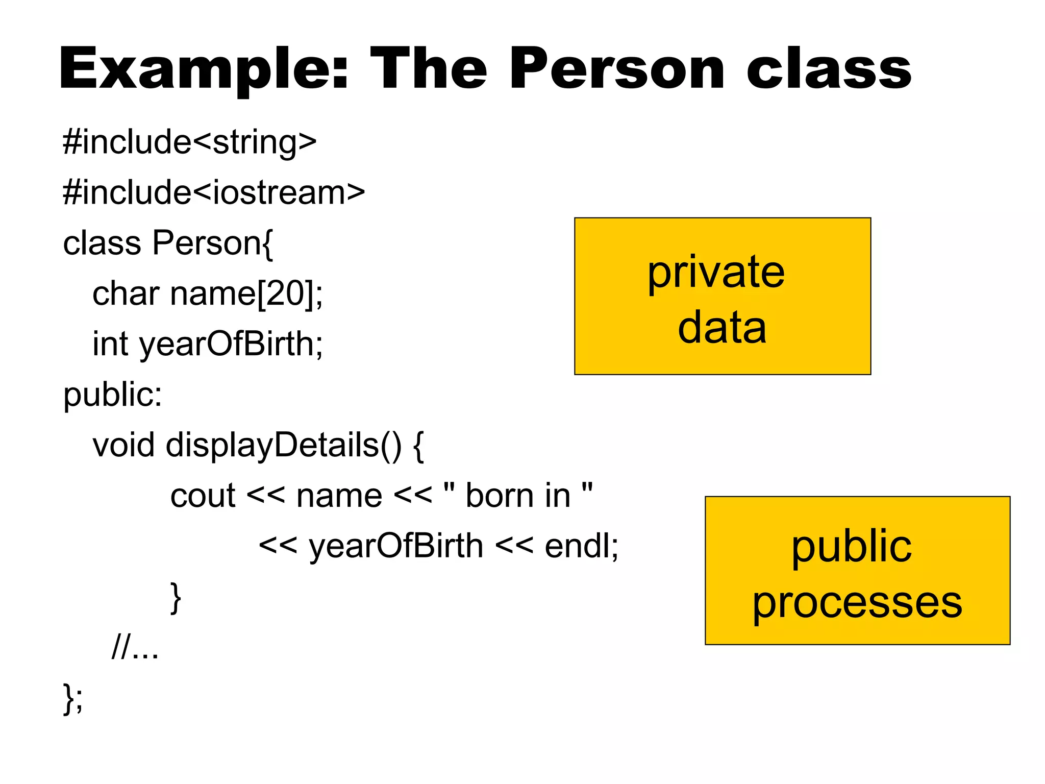 Example: The Person class
#include<string>
#include<iostream>
class Person{
char name[20];
int yearOfBirth;
public:
void displayDetails() {
cout << name << " born in "
<< yearOfBirth << endl;
}
//...
};
private
data
public
processes
 