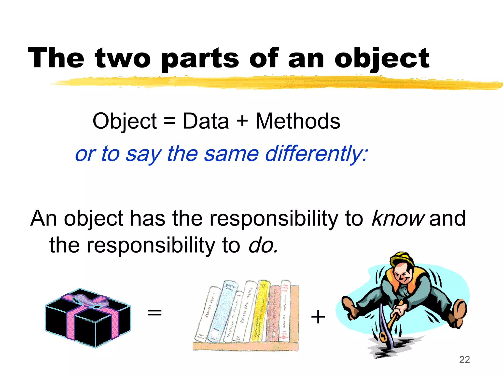 22
The two parts of an object
Object = Data + Methods
or to say the same differently:
An object has the responsibility to know and
the responsibility to do.
= +
 