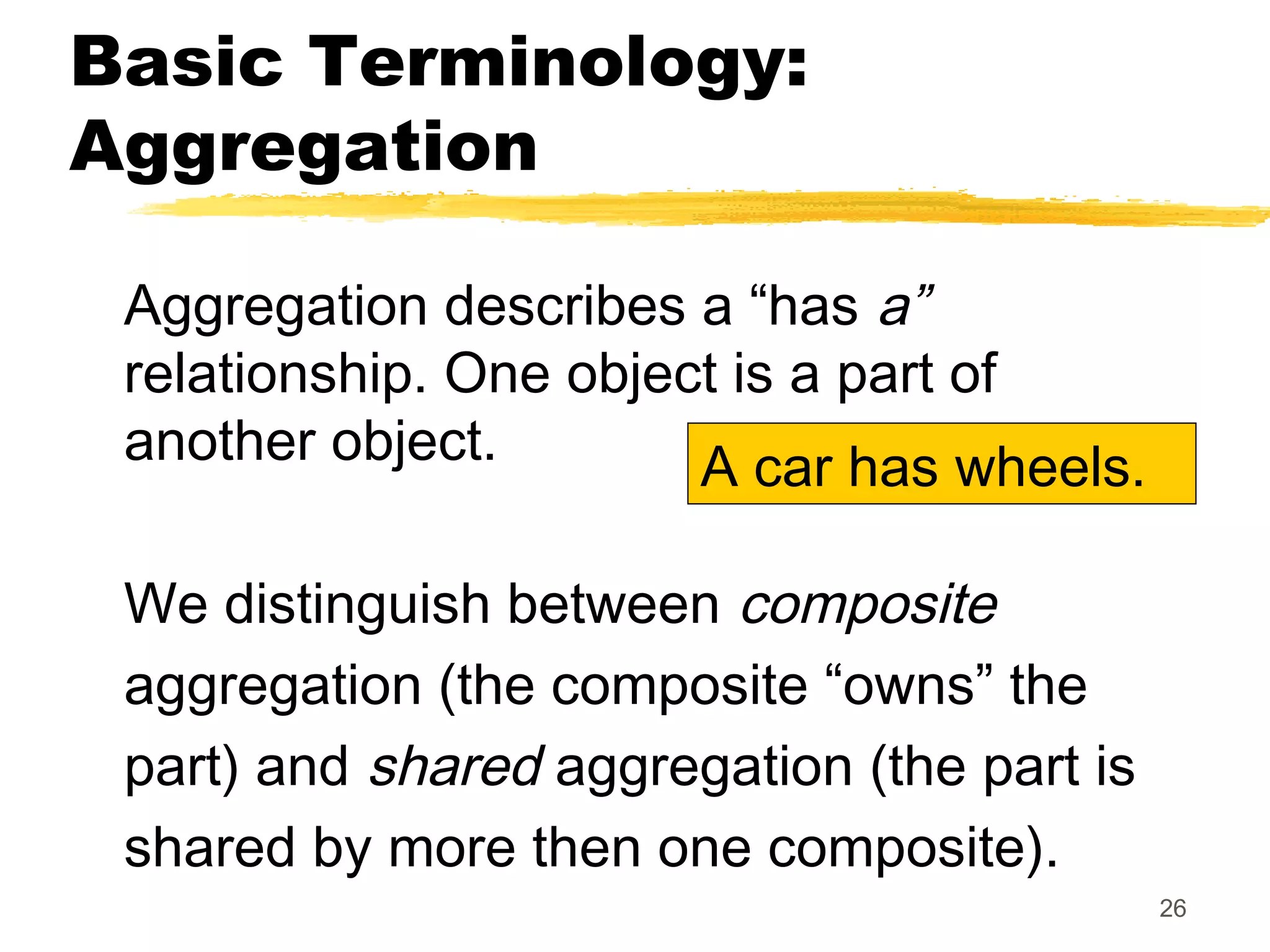 26
Basic Terminology:
Aggregation
Aggregation describes a “has a”
relationship. One object is a part of
another object.
We distinguish between composite
aggregation (the composite “owns” the
part) and shared aggregation (the part is
shared by more then one composite).
A car has wheels.
 