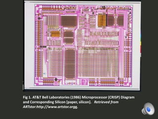 Fig 1. AT&T Bell Laboratories (1986) Microprocessor (CRISP) Diagram
and Corresponding Silicon [paper, silicon]. Retrieved from
ARTstor:http://www.artstor.orgg.
 