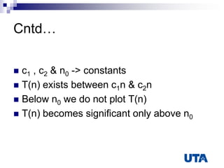 Cntd…
 c1 , c2 & n0 -> constants
 T(n) exists between c1n & c2n
 Below n0 we do not plot T(n)
 T(n) becomes significant only above n0
 