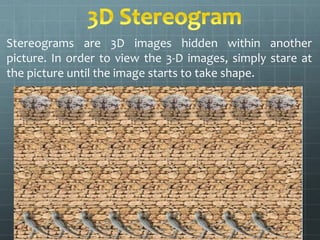 Stereograms are 3D images hidden within another
picture. In order to view the 3-D images, simply stare at
the picture until the image starts to take shape.
 