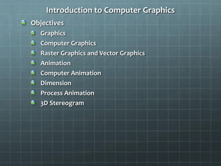 Introduction to Computer Graphics
Objectives
Graphics
Computer Graphics
Raster Graphics and Vector Graphics
Animation
Computer Animation
Dimension
Process Animation
3D Stereogram
 