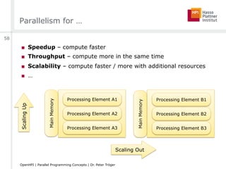 Parallelism for …
■  Speedup – compute faster
■  Throughput – compute more in the same time
■  Scalability – compute faster / more with additional resources
■  …
Processing Element A1
Processing Element A2
Processing Element A3
Processing Element B1
Processing Element B2
Processing Element B3
ScalingUp
Scaling Out
MainMemory
MainMemory
58
OpenHPI | Parallel Programming Concepts | Dr. Peter Tröger
 