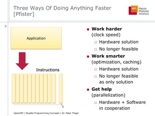 Three Ways Of Doing Anything Faster
[Pfister]
■  Work harder
(clock speed)
□  Hardware solution
□  No longer feasible
■  Work smarter
(optimization, caching)
□  Hardware solution
□  No longer feasible
as only solution
■  Get help
(parallelization)
□  Hardware + Software
in cooperation
Application
Instructions
t
9
OpenHPI | Parallel Programming Concepts | Dr. Peter Tröger
 