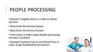 PEOPLE PROCESSING
 Requires Tangible Action in order to obtain
Services
 Must Enter the Service System
 Must Enter the Service Factory
 Time varies in order to get people-processing
services ( Location)
 Example Customer has to visit Dental Care in
order to get facilitated by the Service
 