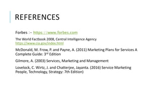 REFERENCES
Forbes :- https://www.forbes.com
The World Factbook 2008, Central Intelligence Agency
https://www.cia.gov/index.html
McDonald, M. Frow, P. and Payne, A. (2011) Marketing Plans for Services A
Complete Guide: 3rd Edition
Gilmore, A. (2003) Services, Marketing and Management
Lovelock, C. Wirtz, J. and Chatterjee, Jayanta. (2016) Service Marketing
People, Technology, Strategy: 7th Edition)
 