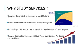 WHY STUDY SERVICES ?
 Services Dominate the Economy in Most Nations
 Growth in the Service Economy is Widely Recognized
 Increasingly Contributes to the Economic Development of many Regions.
 Service Dominated Economy will take Place over time as Per Captia
Income Rises
 