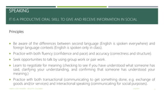 SPEAKING
IT IS A PRODUCTIVE ORAL SKILL TO GIVE AND RECEIVE INFORMATION IN SOCIAL
Principles
 Be aware of the differences between second language (English is spoken everywhere) and
foreign language contexts (English is spoken only in class).
 Practice with both fluency (confidence and pace) and accuracy (correctness and structure).
 Seek opportunities to talk by using group work or pair work.
 Learn to negotiate for meaning (checking to see if you have understood what someone has
said, clarifying your understanding, and confirming that someone has understood your
meaning.)
 Practice with both transactional (communicating to get something done, e.g. exchange of
goods and/or services) and interactional speaking (communicating for social purposes).
2/16/2017YAMITH JOSÉ FANDIÑO - BOGOTÁ, COLOMBIA
11
 