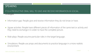SPEAKING
IT IS A PRODUCTIVE ORAL SKILL TO GIVE AND RECEIVE INFORMATION IN SOCIAL
Strategies
 Information gap: People give and receive information they do not know or have.
 Jigsaw activities: People have different pieces of information of the same text or activity and
they need to exchange it in order to have the complete picture.
 Role-plays: People assume particular roles in the target language.
 Simulations: People use props and documents to practice language in a more realistic
environment.
2/16/2017
YAMITH JOSÉ FANDIÑO - BOGOTÁ, COLOMBIA
12
 