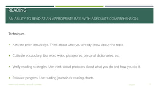 READING
AN ABILITY TO READ AT AN APPROPRIATE RATE WITH ADEQUATE COMPREHENSION.
Techniques
 Activate prior knowledge. Think about what you already know about the topic.
 Cultivate vocabulary. Use word webs, pictionaries, personal dictionaries, etc.
 Verify reading strategies. Use think-aloud protocols about what you do and how you do it.
 Evaluate progress. Use reading journals or reading charts.
2/16/2017YAMITH JOSÉ FANDIÑO - BOGOTÁ, COLOMBIA 6
 