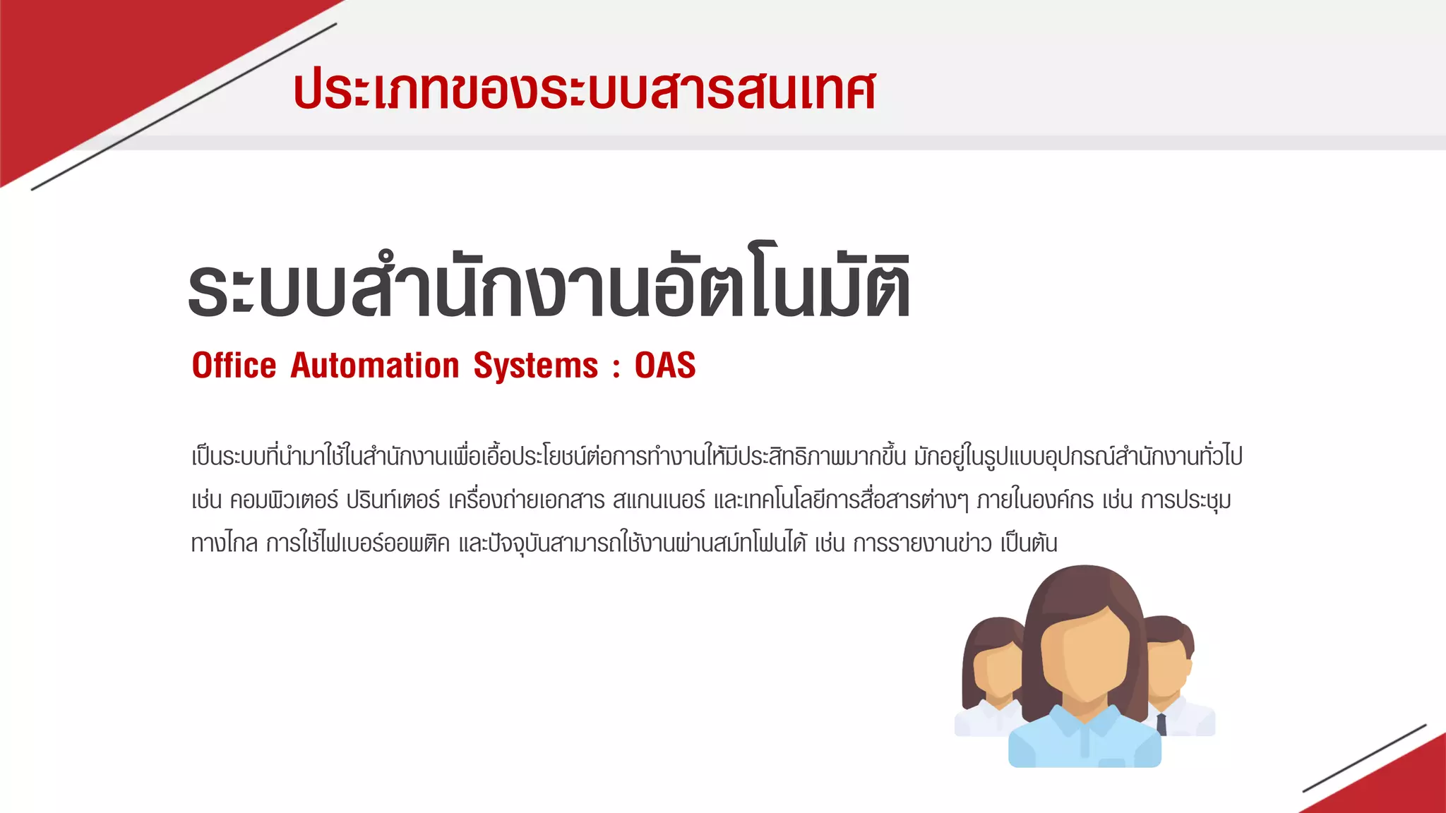 ประเภทของระบบสารสนเทศ
ระบบสานักงานอัตโนมัติ
Office Automation Systems : OAS
เป็นระบบที่นำมำใช้ในสำนักงำนเพื่อเอื้อประโยชน์ต่อกำรทำงำนให้มีประสิทธิภำพมำกขึ้น มักอยู่ในรูปแบบอุปกรณ์สำนักงำนทั่วไป
เช่น คอมพิวเตอร์ ปรินท์เตอร์ เครื่องถ่ำยเอกสำร สแกนเนอร์ และเทคโนโลยีกำรสื่อสำรต่ำงๆ ภำยในองค์กร เช่น กำรประชุม
ทำงไกล กำรใช้ไฟเบอร์ออพติค และปัจจุบันสำมำรถใช้งำนผ่ำนสม์ทโฟนได้ เช่น กำรรำยงำนข่ำว เป็นต้น
 