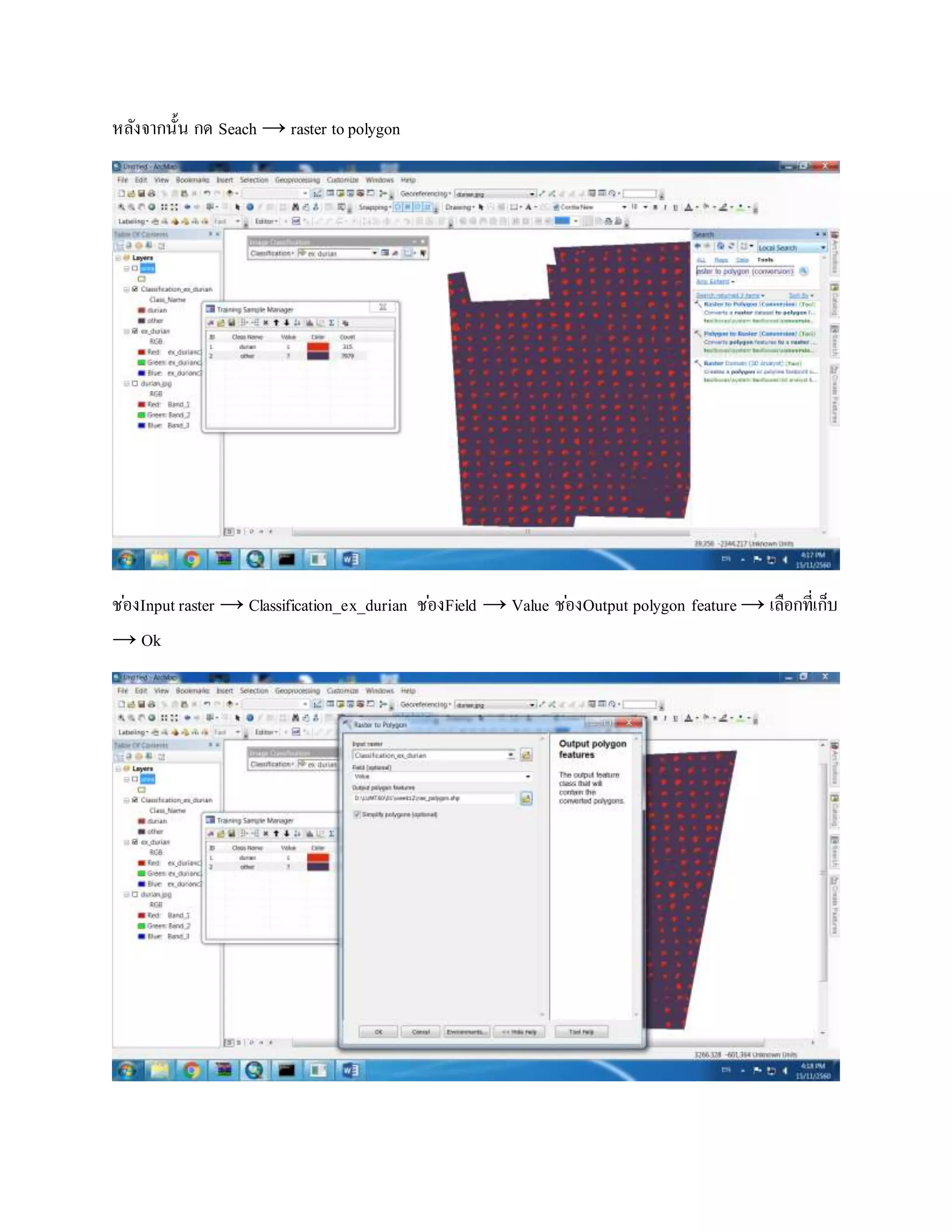หลังจากนั้น กด Seach → raster topolygon
ช่องInput raster → Classification_ex_durian ช่องField → Value ช่องOutput polygon feature → เลือกที่เก็บ
→ Ok
 