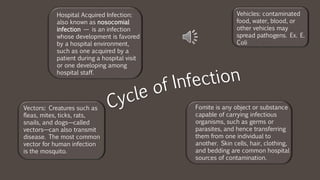 Hospital Acquired Infection:
also known as nosocomial
infection — is an infection
whose development is favored
by a hospital environment,
such as one acquired by a
patient during a hospital visit
or one developing among
hospital staff.
Fomite is any object or substance
capable of carrying infectious
organisms, such as germs or
parasites, and hence transferring
them from one individual to
another. Skin cells, hair, clothing,
and bedding are common hospital
sources of contamination.
Vectors: Creatures such as
fleas, mites, ticks, rats,
snails, and dogs—called
vectors—can also transmit
disease. The most common
vector for human infection
is the mosquito.
Vehicles: contaminated
food, water, blood, or
other vehicles may
spread pathogens. Ex. E.
Coli
 