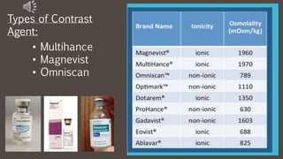 • Multihance
• Magnevist
• Omniscan
Types of Contrast
Agent:
 