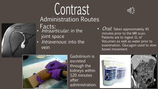 Administration Routes
Facts:
Gadolinium is
excreted
through the
kidneys within
120 minutes
after
administration.
• Intraarticular: in the
joint space
• Intravenous: into the
vein
• Oral: Taken approximately 45
minutes prior to the MR scan.
Patients are to ingest 1L of
VoLumen as well as water prior to
examination. Glucagon used to slow
bowel movement.
 