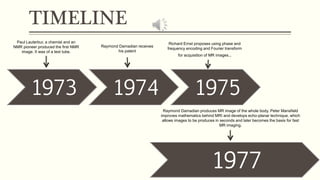 TIMELINE
1973 1974 1975
1977
Paul Lauterbur, a chemist and an
NMR pioneer produced the first NMR
image. It was of a test tube.
Raymond Damadian receives
his patent
Richard Ernst proposes using phase and
frequency encoding and Fourier transform
for acquisition of MR images..
Raymond Damadian produces MR image of the whole body. Peter Mansfield
improves mathematics behind MRI and develops echo-planar technique, which
allows images to be produces in seconds and later becomes the basis for fast
MR imaging.
 