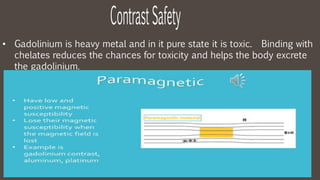 • Gadolinium is heavy metal and in it pure state it is toxic. Binding with
chelates reduces the chances for toxicity and helps the body excrete
the gadolinium.
 