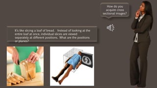 It’s like slicing a loaf of bread. Instead of looking at the
entire loaf at once, individual slices are viewed
separately at different positions. What are the positions
or planes?
How do you
acquire cross
sectional images?
 