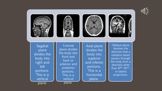 Sagittal
plane
divides the
body into
right and
left
portions.
This is a
vertical
plane
Coronal
plane divides
the body into
front and
back or
anterior and
posterior
portions.
This is a
vertical
plane.
Axial plane
divides the
body into
superior
and inferior
portions.
This is a
horizontal
plane.
Oblique plane
denotes the
direction that a
radiation beam
passes through
the body from a
direction other
than AP*, PA**,
or lateral
projections.
 