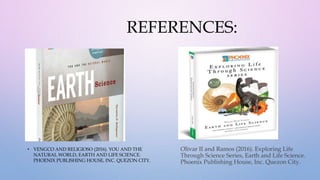 REFERENCES:
• VENGCO AND RELIGIOSO (2016). YOU AND THE
NATURAL WORLD, EARTH AND LIFE SCIENCE.
PHOENIX PUBLISHING HOUSE, INC. QUEZON CITY.
Olivar II and Ramos (2016). Exploring Life
Through Science Series, Earth and Life Science.
Phoenix Publishing House, Inc. Quezon City.
 