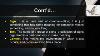 Cont’d…
 Sign. It is a basic unit of communication; it is just
something that has some meaning for someone; means
something, and not one thing.
 Text. The name of a group of signs- a collection of signs
organized in a particular way to make meaning.
 Context. This means the environment in which a text
occurs, and communication takes place.
 