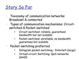 Story So Far
•
     Taxonomy of communication networks:
    Broadcast & connected
•
     Types of communication mechanisms: Circuit-
    switched & Packet-switched
          Circuit-switched: reliable, guaranteed
          bandwidth but not scalable
          Packet-switched: unreliable, no bandwidth
          guarantees but scalable
•
    Packet-switching preferred
          Datagram packet-switching : Internet! (large)
          Virtual-circuit Switching: QoS networks
          (small)
 