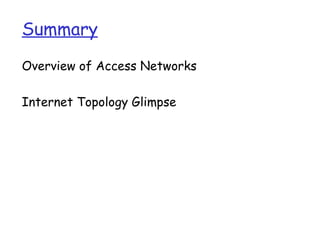 Summary
Overview of Access Networks

Internet Topology Glimpse
 