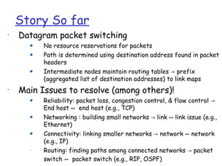 Story So far
•
    Datagram packet switching
          No resource reservations for packets
          Path is determined using destination address found in packet
          headers
          Intermediate nodes maintain routing tables → prefix
          (aggregated list of destination addresses) to link maps
•
    Main Issues to resolve (among others)!
          Reliability: packet loss, congestion control, & flow control →
          End host ↔ end host (e.g., TCP)
          Networking : building small networks → link ↔ link issue (e.g.,
          Ethernet)
          Connectivity: linking smaller networks → network ↔ network
          (e.g., IP)
      –   Routing: finding paths among connected networks → packet
          switch ↔ packet switch (e.g., RIP, OSPF)
 