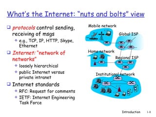 What’s the Internet: “nuts and bolts” view
                                      Mobile network
   protocols control sending,
    receiving of msgs                                  Global ISP
       e.g., TCP, IP, HTTP, Skype,
        Ethernet
                                      Home network
   Internet: “network of
    networks”                                        Regional ISP
       loosely hierarchical
       public Internet versus           Institutional network
        private intranet
 Internet standards
    RFC: Request for comments
    IETF: Internet Engineering
     Task Force

                                                        Introduction   1-8
 