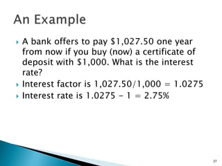  A bank offers to pay $1,027.50 one year
from now if you buy (now) a certificate of
deposit with $1,000. What is the interest
rate?
 Interest factor is 1,027.50/1,000 = 1.0275
 Interest rate is 1.0275 - 1 = 2.75%
27
 