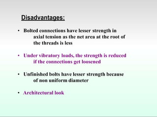 Disadvantages:
• Bolted connections have lesser strength in
axial tension as the net area at the root of
the threads is less
• Under vibratory loads, the strength is reduced
if the connections get loosened
• Unfinished bolts have lesser strength because
of non uniform diameter
• Architectural look
 