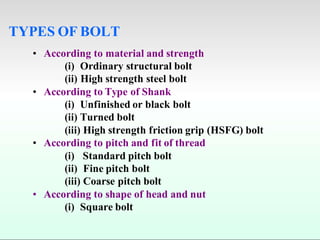 TYPES OF BOLT
• According to material and strength
(i) Ordinary structural bolt
(ii) High strength steel bolt
• According to Type of Shank
(i) Unfinished or black bolt
(ii) Turned bolt
(iii) High strength friction grip (HSFG) bolt
• According to pitch and fit of thread
(i) Standard pitch bolt
(ii) Fine pitch bolt
(iii) Coarse pitch bolt
• According to shape of head and nut
(i) Square bolt
 