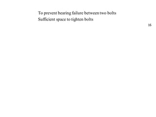 To prevent bearing failure between two bolts
Sufficient space to tighten bolts
16
 