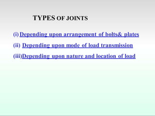 TYPES OF JOINTS
(i)Depending upon arrangement of bolts& plates
(ii) Depending upon mode of load transmission
(iii)Depending upon nature and location of load
 