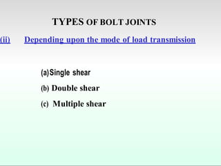 TYPES OF BOLT JOINTS
(ii) Depending upon the mode of load transmission
(a)Single shear
(b) Double shear
(c) Multiple shear
 