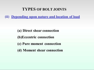 TYPES OF BOLT JOINTS
(iii) Depending upon nature and location of load
(a) Direct shear connection
(b)Eccentric connection
(c) Pure moment connection
(d) Moment shear connection
 