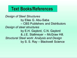 Design of Steel Structures
by Elias G. Abu-Saba
– CBS Publishers and Distributors
Design of steel structures
by E.H. Gaylord, C.N. Gaylord
& J.E. Stallmeyer – McGraw Hill.
Structural Steel work: Analysis and Design
by S. S. Ray – Blackwell Science
Text Books/References
 